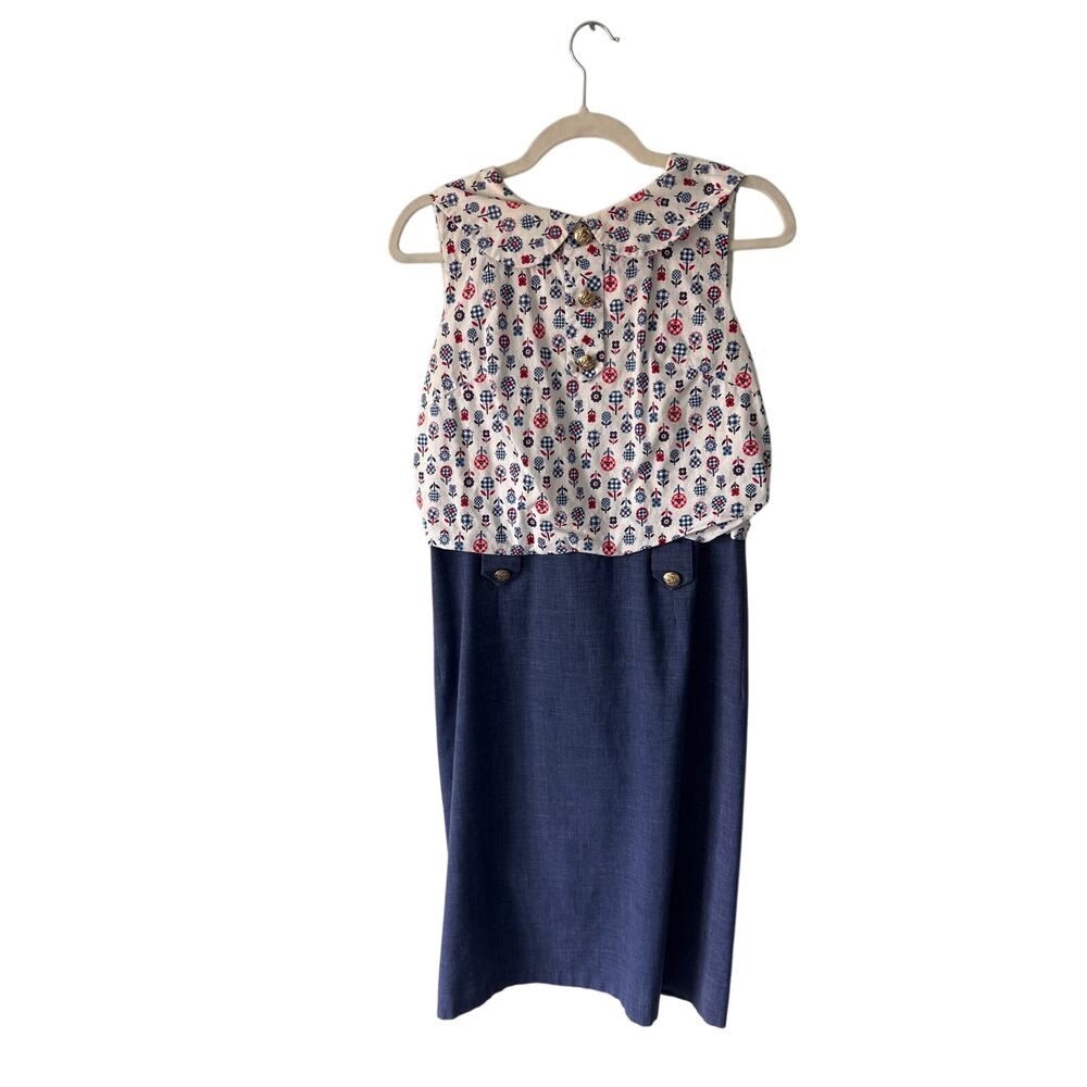 Vtg Sears Blue Flowered Short Sleeve Peter Pan Collar Dress Medium